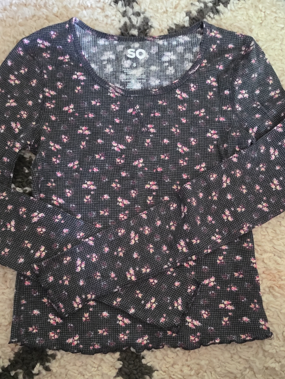 SO Black Long-Sleeve Floral Thermal Top with Pink Blossoms